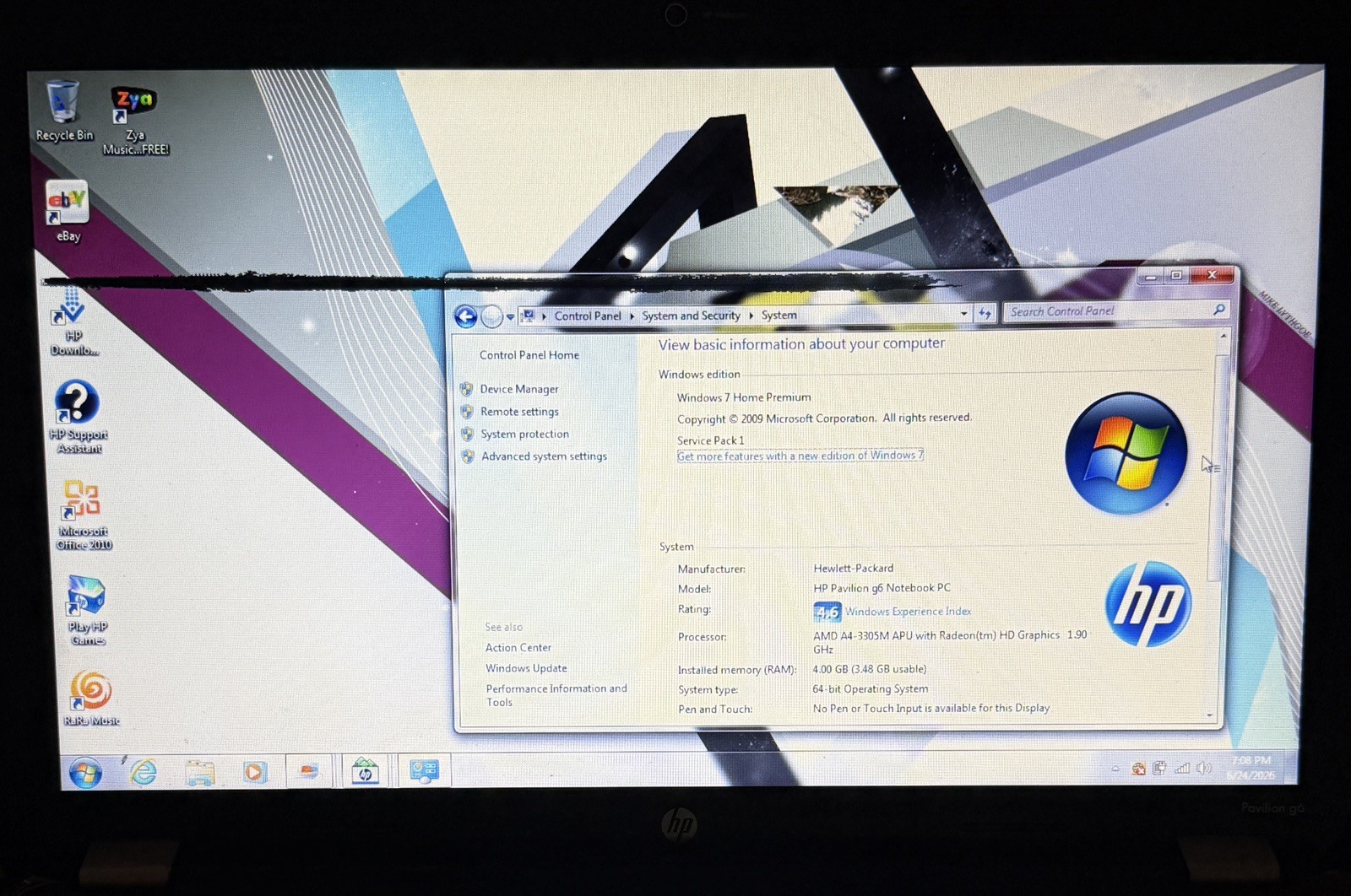 HP Pavilion G6 AMD A4-3305M APU with RadeonHD 4 GB Windows 7 Working-OEM Charge