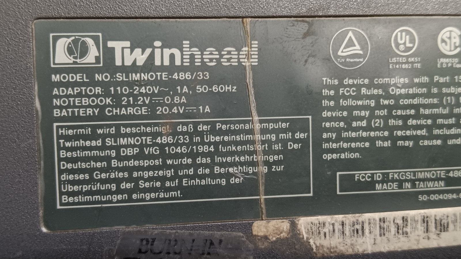 Vintage 1992 Twinhead SlimNote 486/33 Laptop Intel 486DX @ 33MHz processor Parts