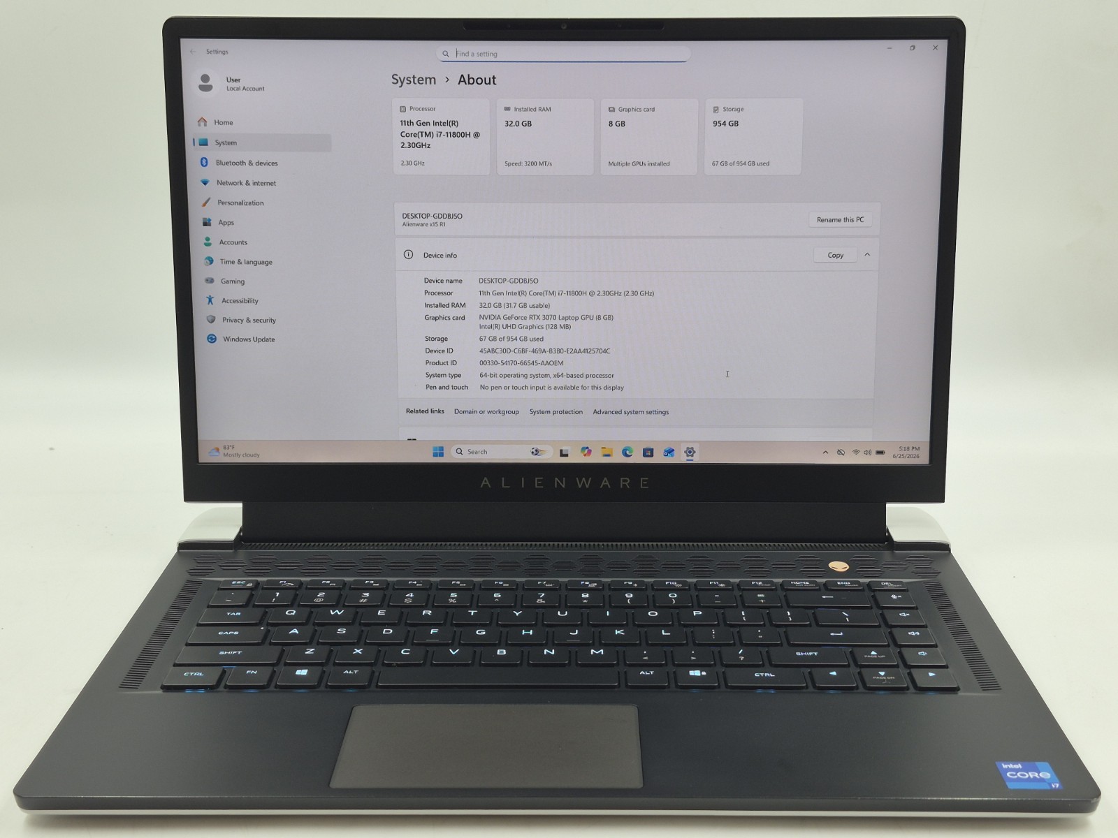 Dell Alienware m15 R1 i7-11800H 2.30GHz 32GB RAM 1TB NVMe Windows 11 Pro