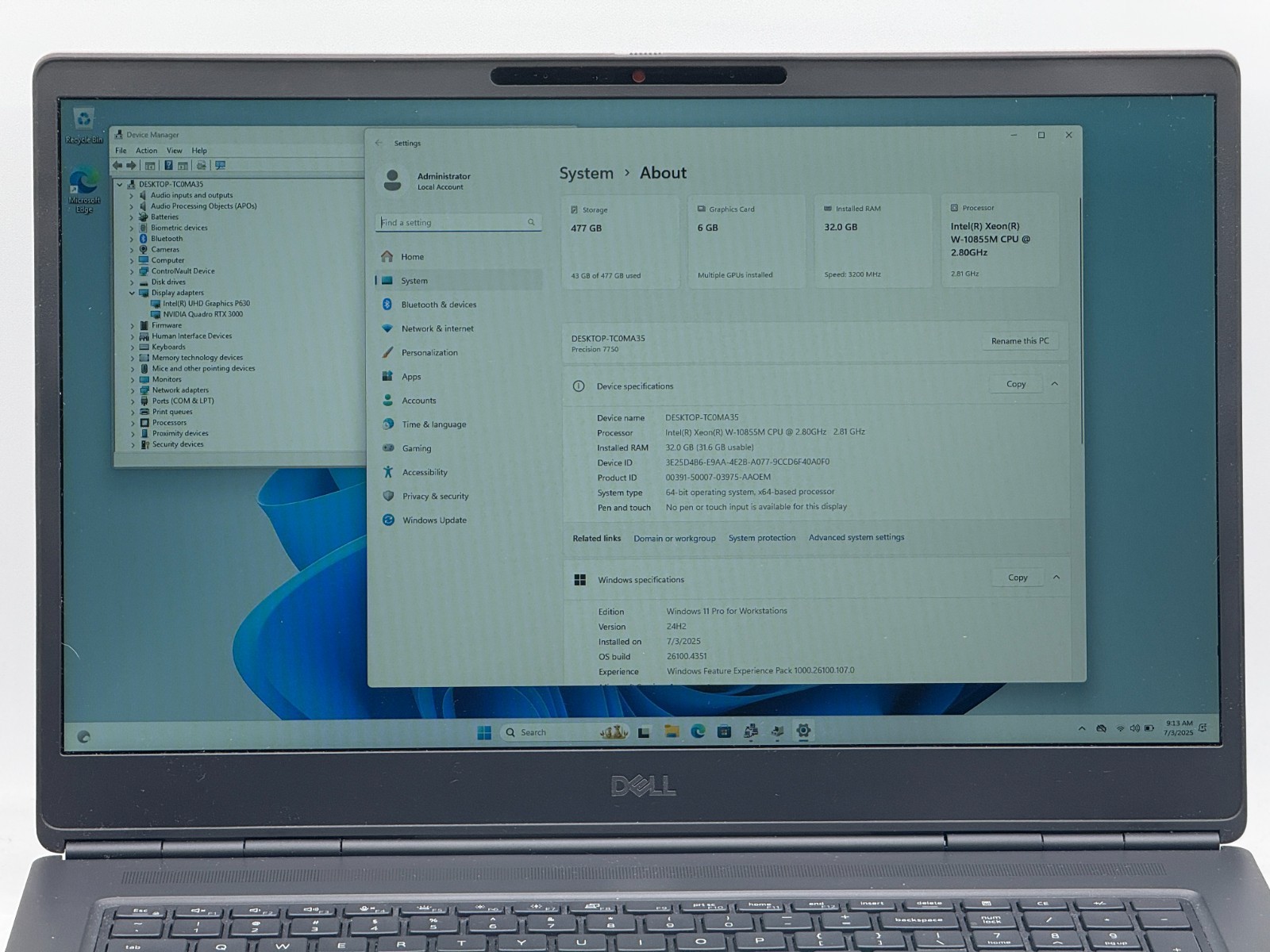 DELL PRECISION 7750 17.3″ XEON W-10855M 32GB RAM 500GB SSD QUADRO RTX 3000