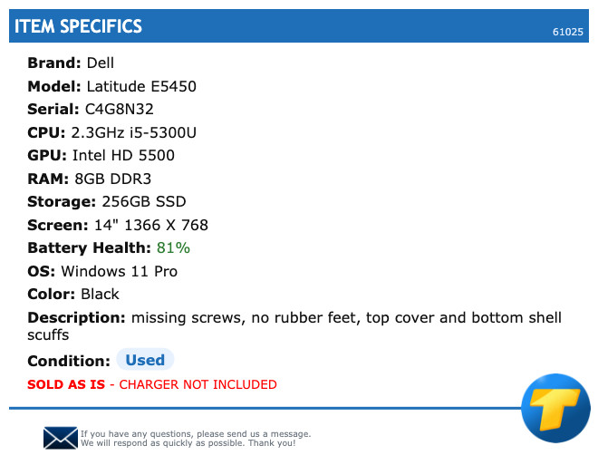 Dell Latitude E5450 – 14″ HD, 2.3GHz i5, 8GB RAM, 256GB SSD, Windows 11 Pro
