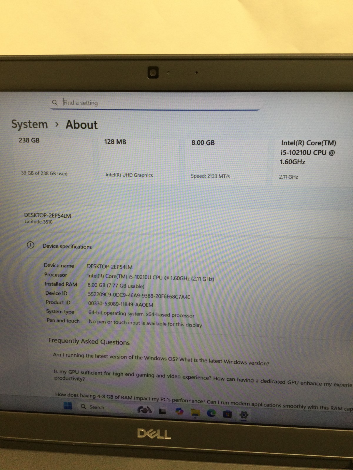 DELL LATITUDE 3510 15″ Intel Core i5 10310U 1.60GHz 8GB RAM 256GB SSD WIN 11PRO