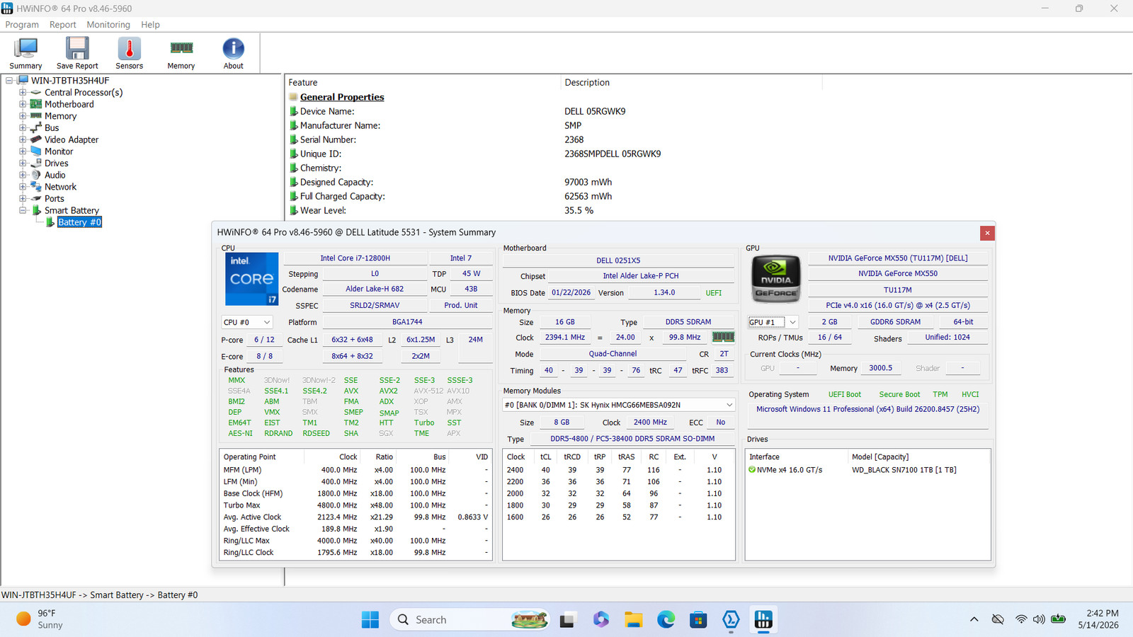 Dell Latitude 5531 15″ FHD I7-12800H 1TB SSD 16GB W11P GeForce MX550 Webcam