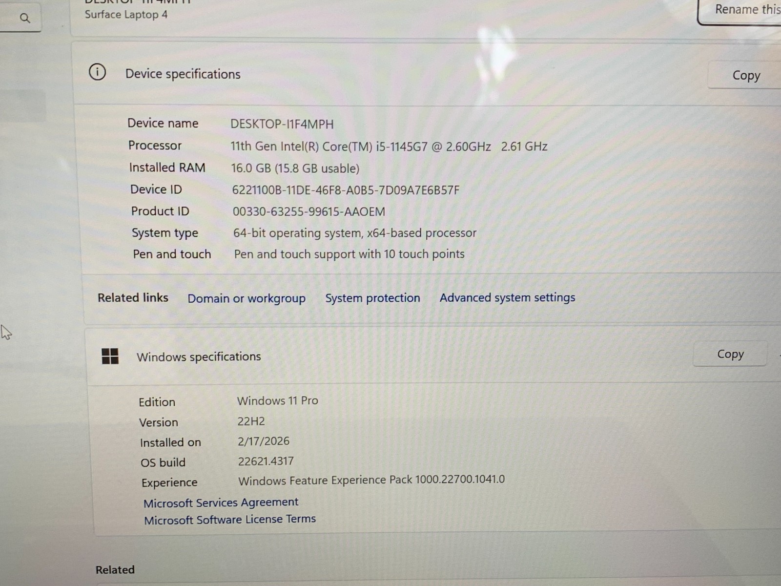 Microsoft Surface Laptop 4 i5-1145G7 2.6GHz 16GB 256GB NVMe W11P Mod. 1951