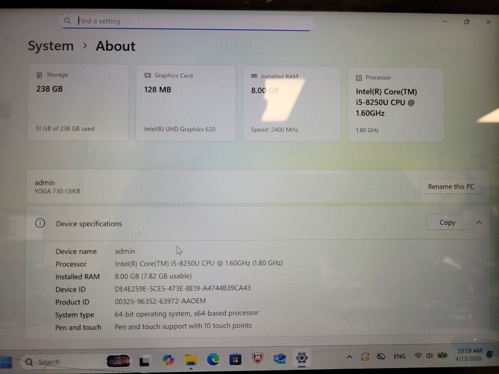 Lenovo yoga 730 131kb i5-8250u 1.6ghz 8gb ram no ssd *for parts READ MP1EXUL2