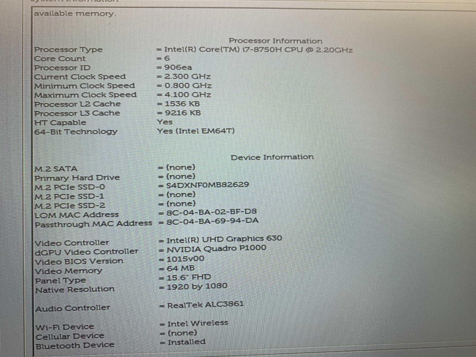 Dell Precision 7530 Laptop Intel i7-8750H 2.2GHz 32GB RAM 256GB NVIDIA P1000