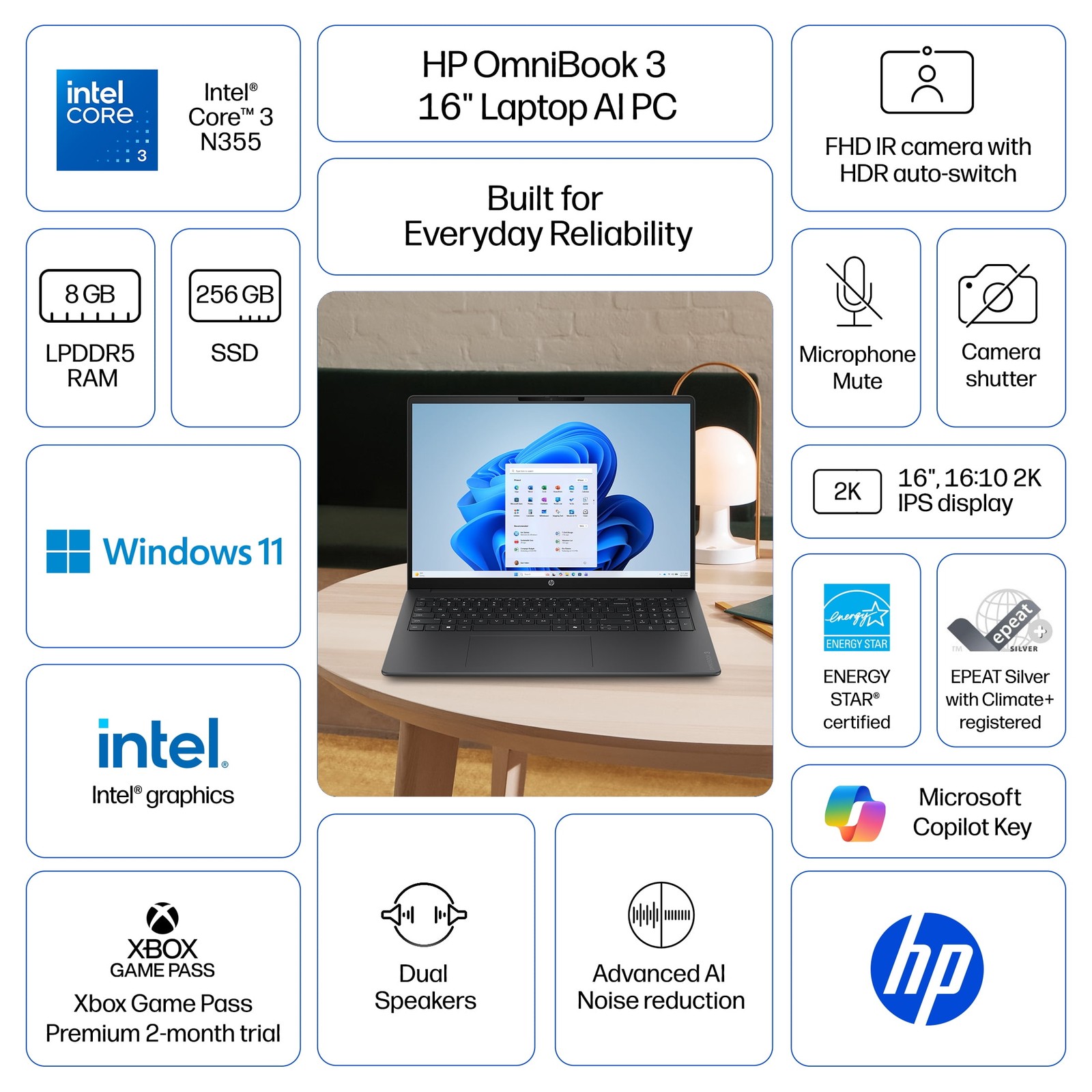 HP OmniBook 3 Laptop, 16 Inch 2K IPS Display, Intel Core N355 Processor, 8GB