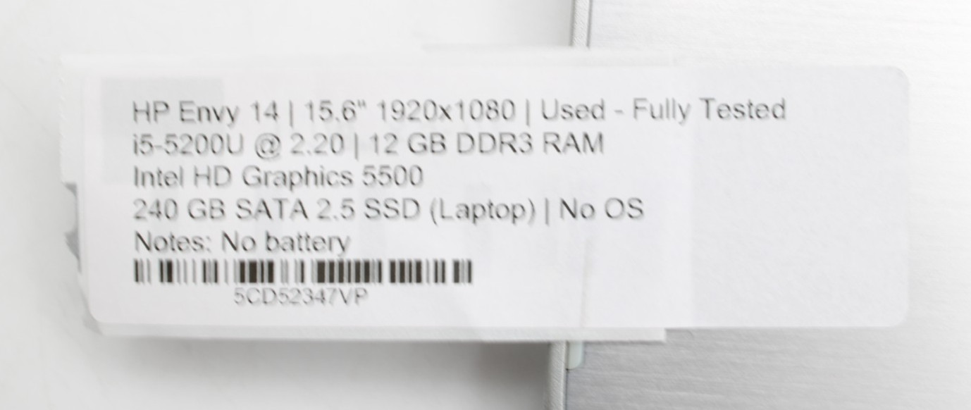 HP Envy 14 i5-5200U@2.2GHz 12GB DDR3 240GB SATA SSD NO OS OR BATT *USED/TESTED*