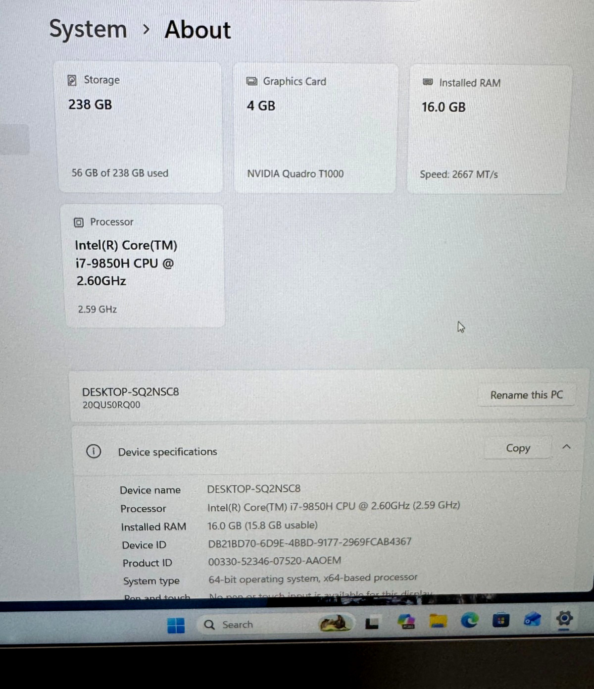 Lenovo ThinkPad P1 Gen 2 Laptop i7-9850H 2.6GHz 256GB NVMe 16GB RAM WIN11