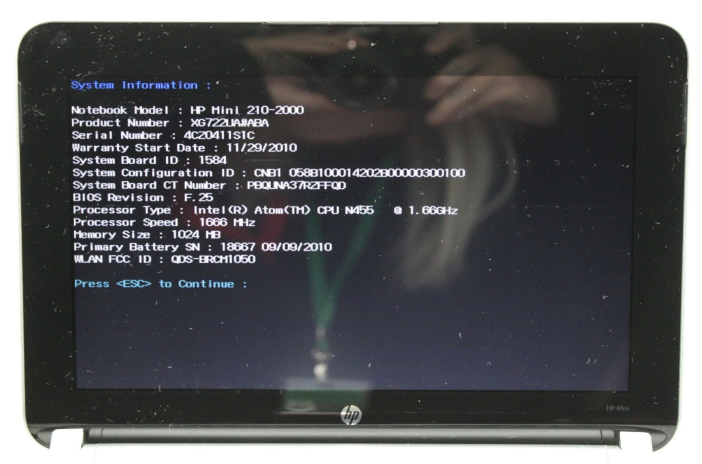 HP Mini Laptop Intel Atom N455@1.66GHz 1GB DDR3 NO STORAGE OR OS *USED/TESTED*