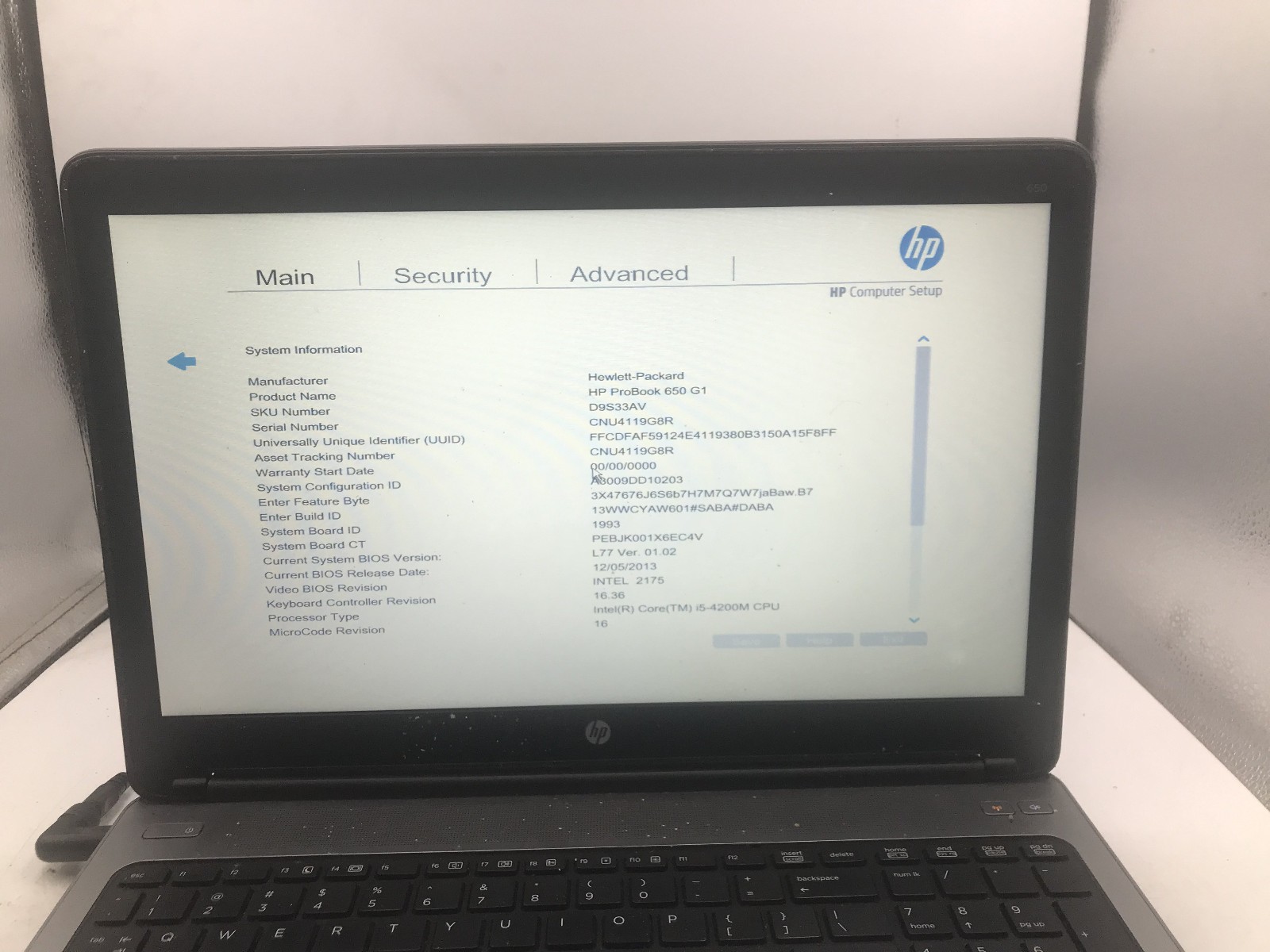 HP PROBOOK 650 G1 – BOOTS TO BIOS – INTEL I5 4200U – NO RAM – READ DESCRIP – BB!