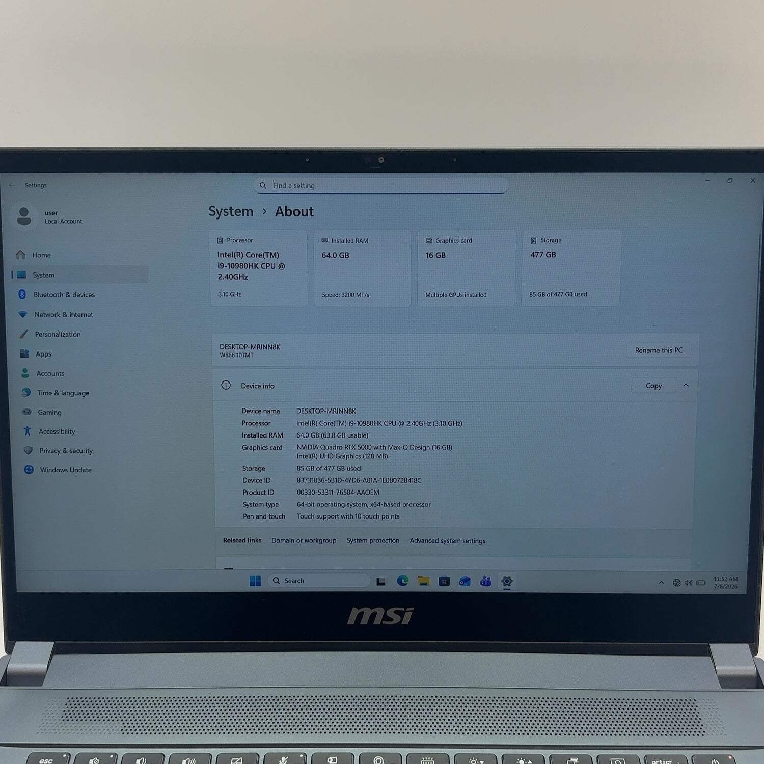MSI Workstation WS66 15.6″ i9-10980HK 3.1GHz 64GB 500GB Quadro RTX 5000 Max-Q