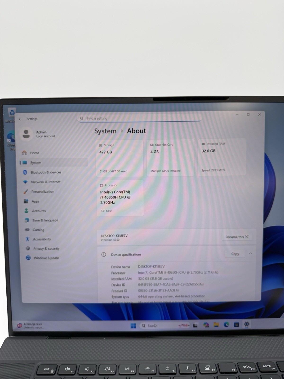 Dell Precision 5750 17 FHD+ i7-10850H | Quadro T2000 | 32GB | 512GB SSD | Win11P