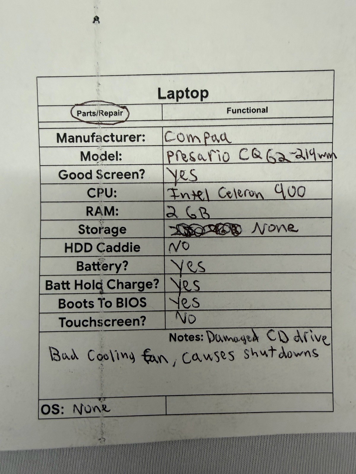 Compaq Presario CQ G2-219wm Laptop – Good Screen – Intel Celeron 900 – Read Desc