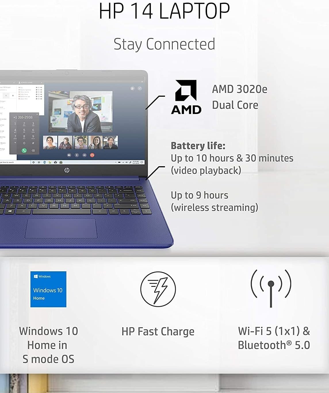 HP 14″ HD Touchscreen Laptop AMD 3020e 16GB 320GB Radeon Graphics Indigo Blue