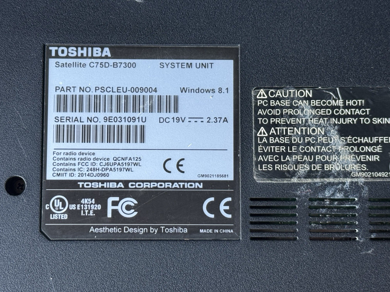 TOSHIBA SATELLITE C75D-B7300 AMD A8-6410 APU 2.00GHZ 6GB RAM 750GB HDD (No OS)