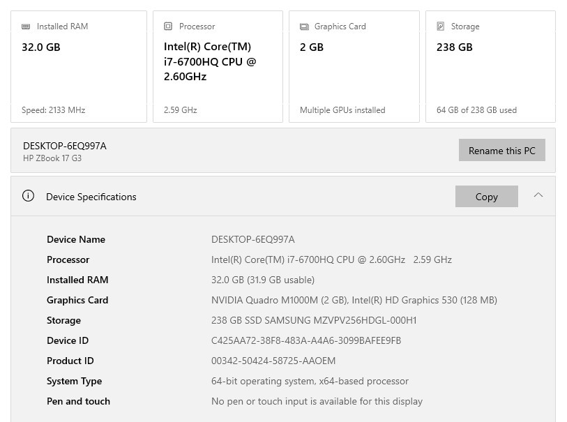 HP ZBook 17 G3 i7-6700HQ 32GB Ram 256GB SSD