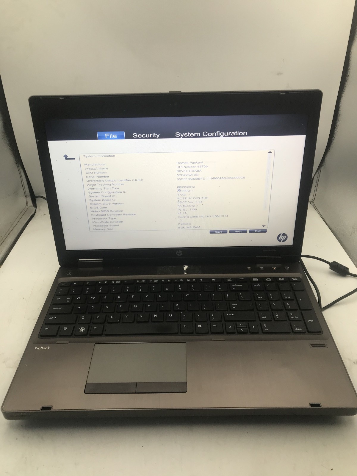 HP PROBOOK 6570B – BOOTS TO BIOS – INTEL I5 3340M – NO RAM – READ – BB