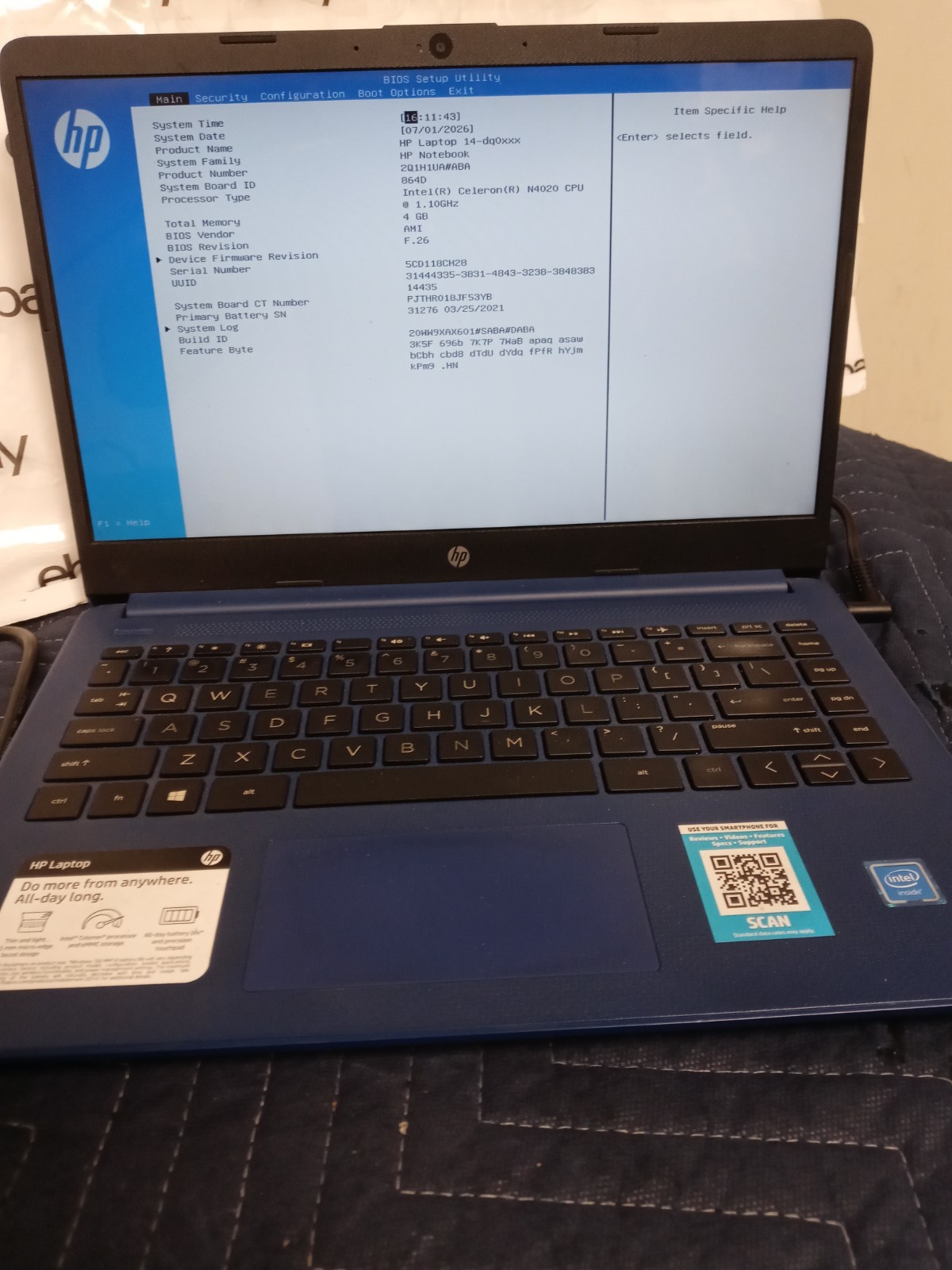 HP NoteBook 14-dq0005dx 14″ Celeron N4020 1.1GHz 4GB RAM 64GB SSD NO OS NO AC
