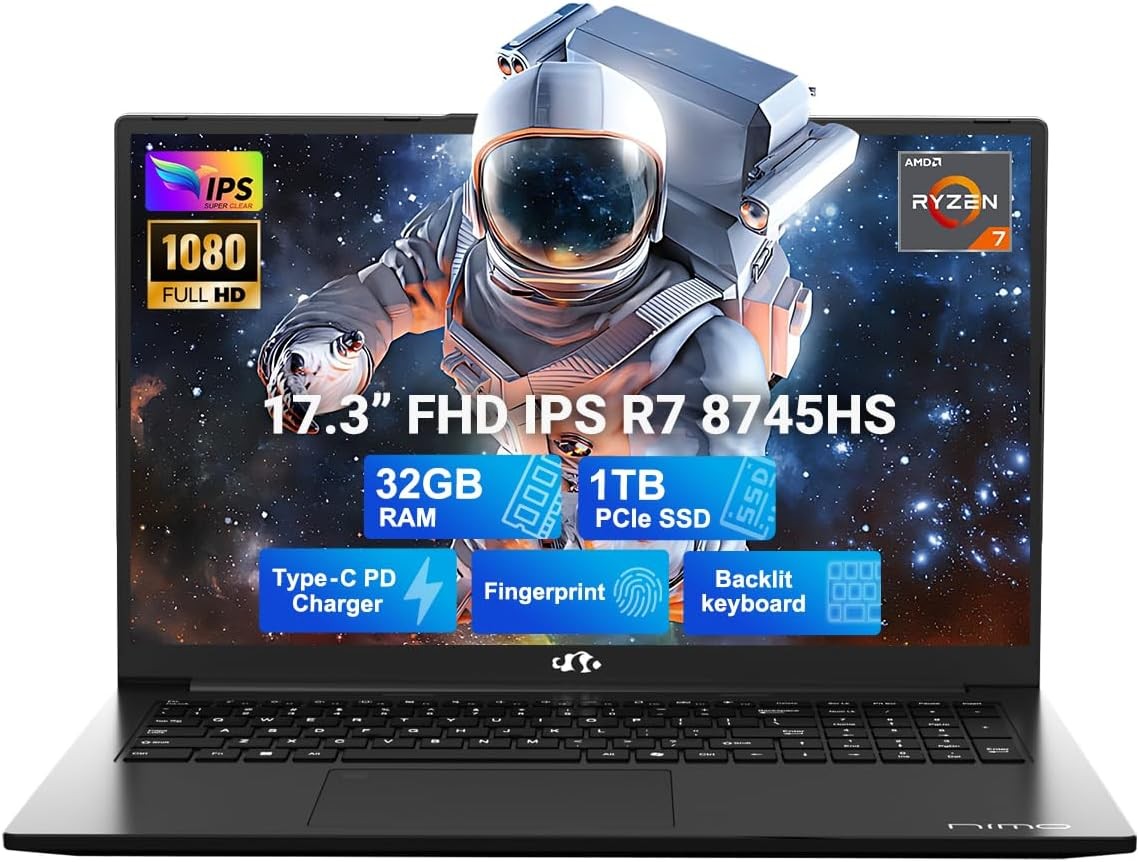 NIMO 17.3″ Light Gaming Laptop 8 Cores AMD Ryzen 7 8745HS 32GB DDR5 RAM 1TB SSD
