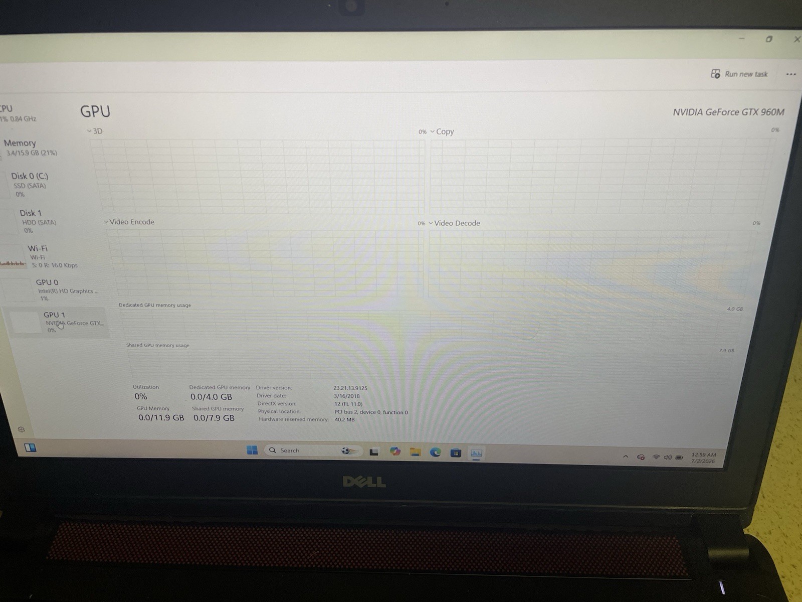 Dell Inspiron 7559 Gaming Laptop 16GB RAM, 128GB SSD, GTX 960M(4GB)WIN 11 HOME.