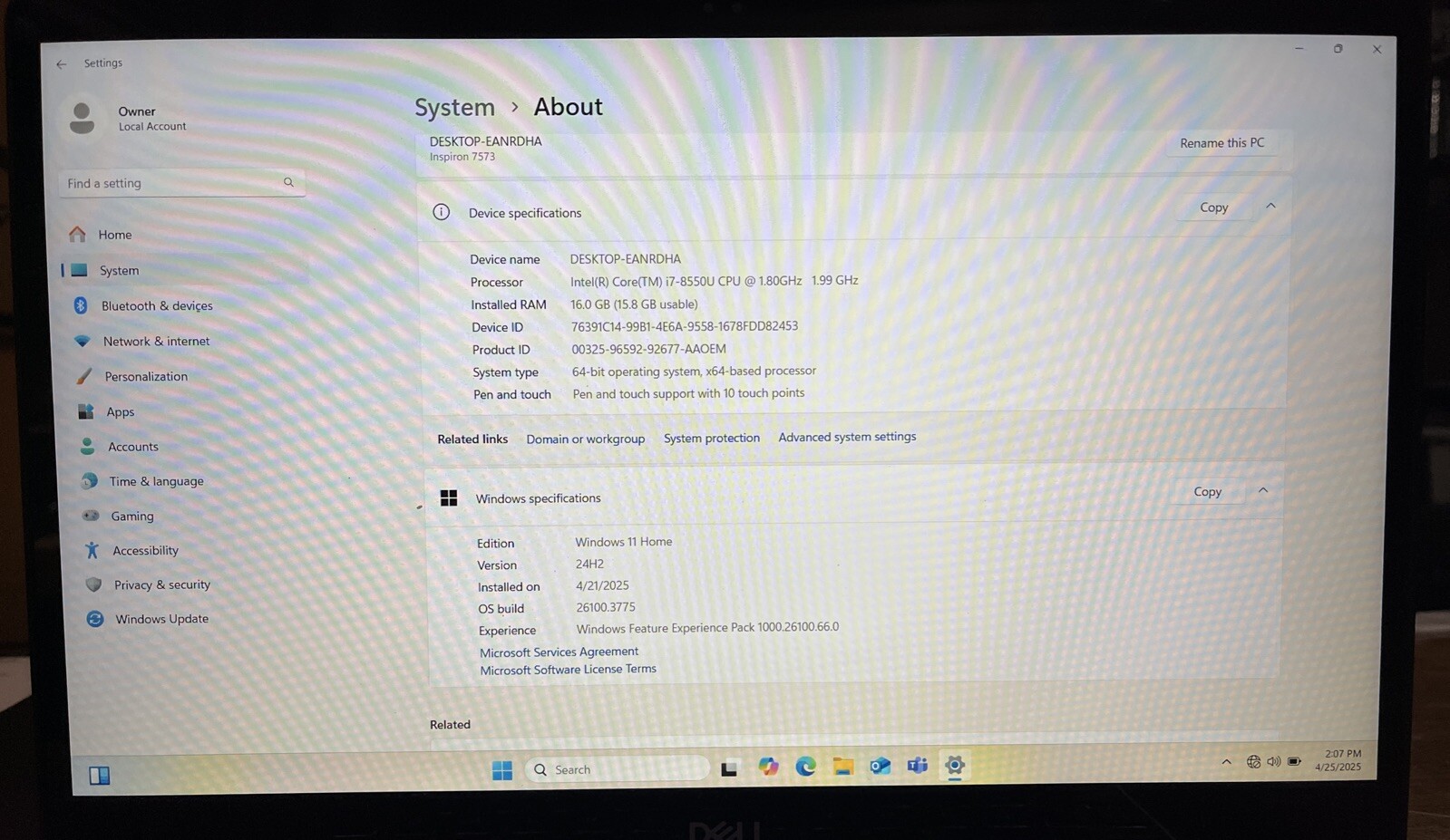 Dell Inspiron 15 7573 2-in-1 i7-8550U@1.80GHz, 16GB RAM, 256GB M2, Win 11 Home