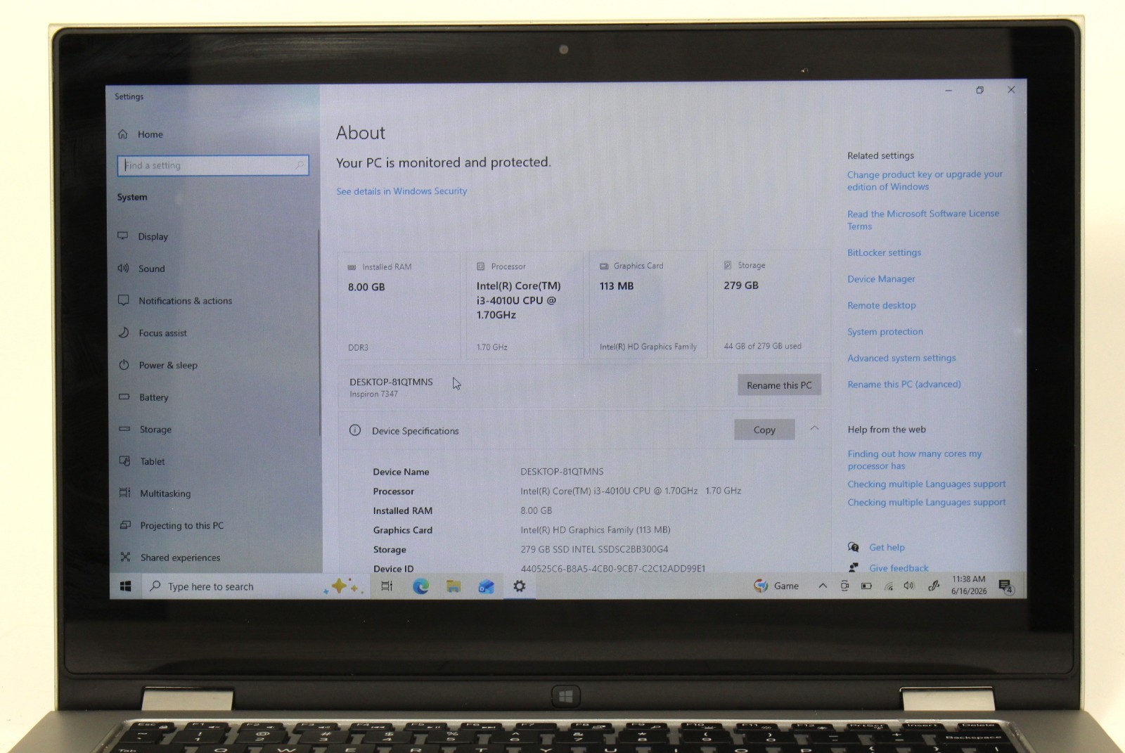 Dell Inspiron 13 7347 P57G001 13.3″ 300GB SSD 8GB RAM 1.7GHz i3-4010U; 519944