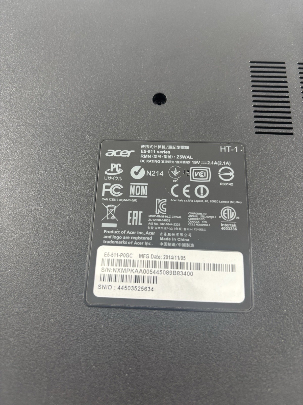 Acer Aspire E15 ES-511-P0GC 15.6” 2.58GHZ 4GB RAM 1000 GB HDD Laptop Parts Only