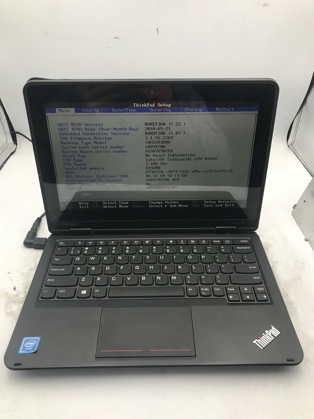 LENOVO THINKPAD YOGA 11E -BOOTS TO BIOS- INTEL CELERON N3450 – NO RAM – READ -BB