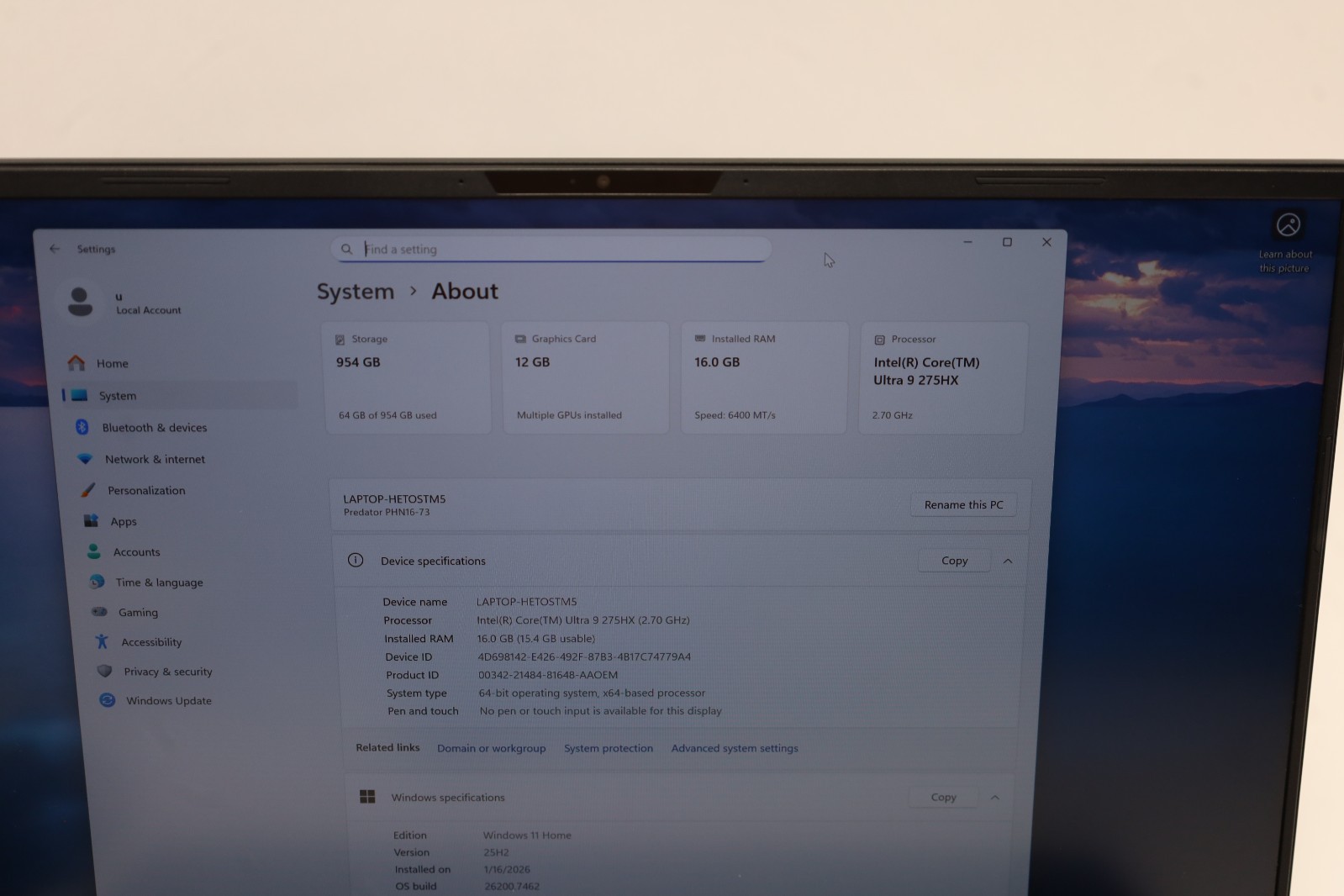 Acer Predator Helios Neo 16S 16″ Ultra 9 275HX 16GB 1TB RTX 5070 Ti Win11 AI