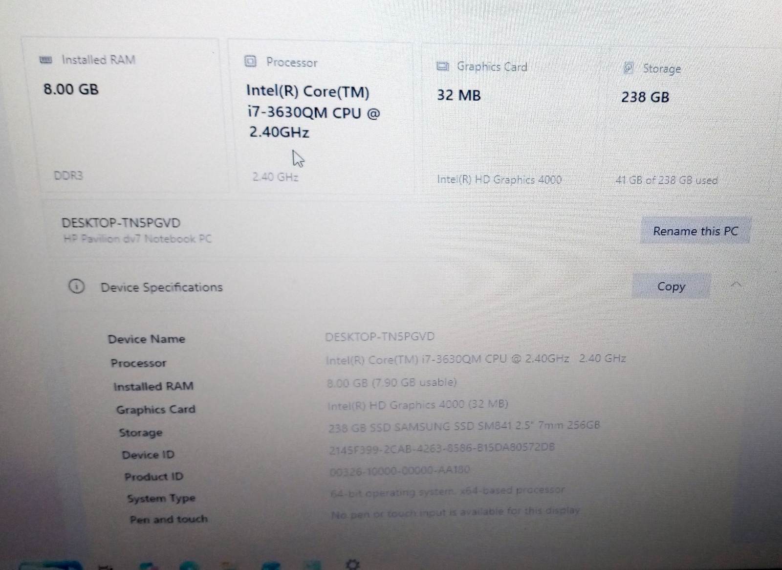 HP DV7 7000 Pavilion laptop Intel i7-3630qm 2.4-3.4Ghz 8GB ram 250GB SSD Wifi 5