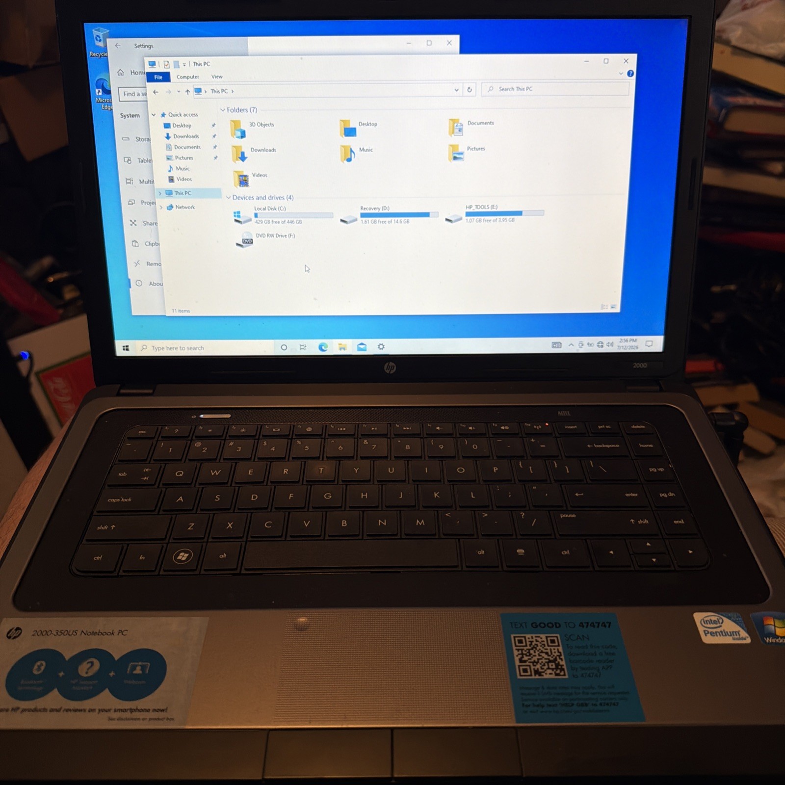 HP 2000-350US 15.6″ Laptop Intel Pentium B950 2.1GHz 4GB Ram Win 10 450GB HDD