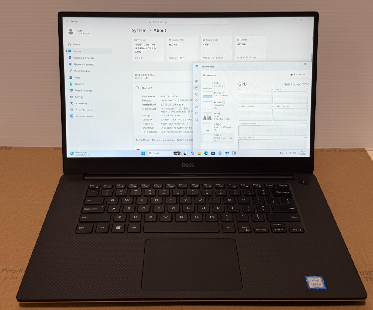 Dell Precision 5540 15.6″ Intel i9-9880H 16GB 512GB SSD Quadro T2000 Wind 11Pro