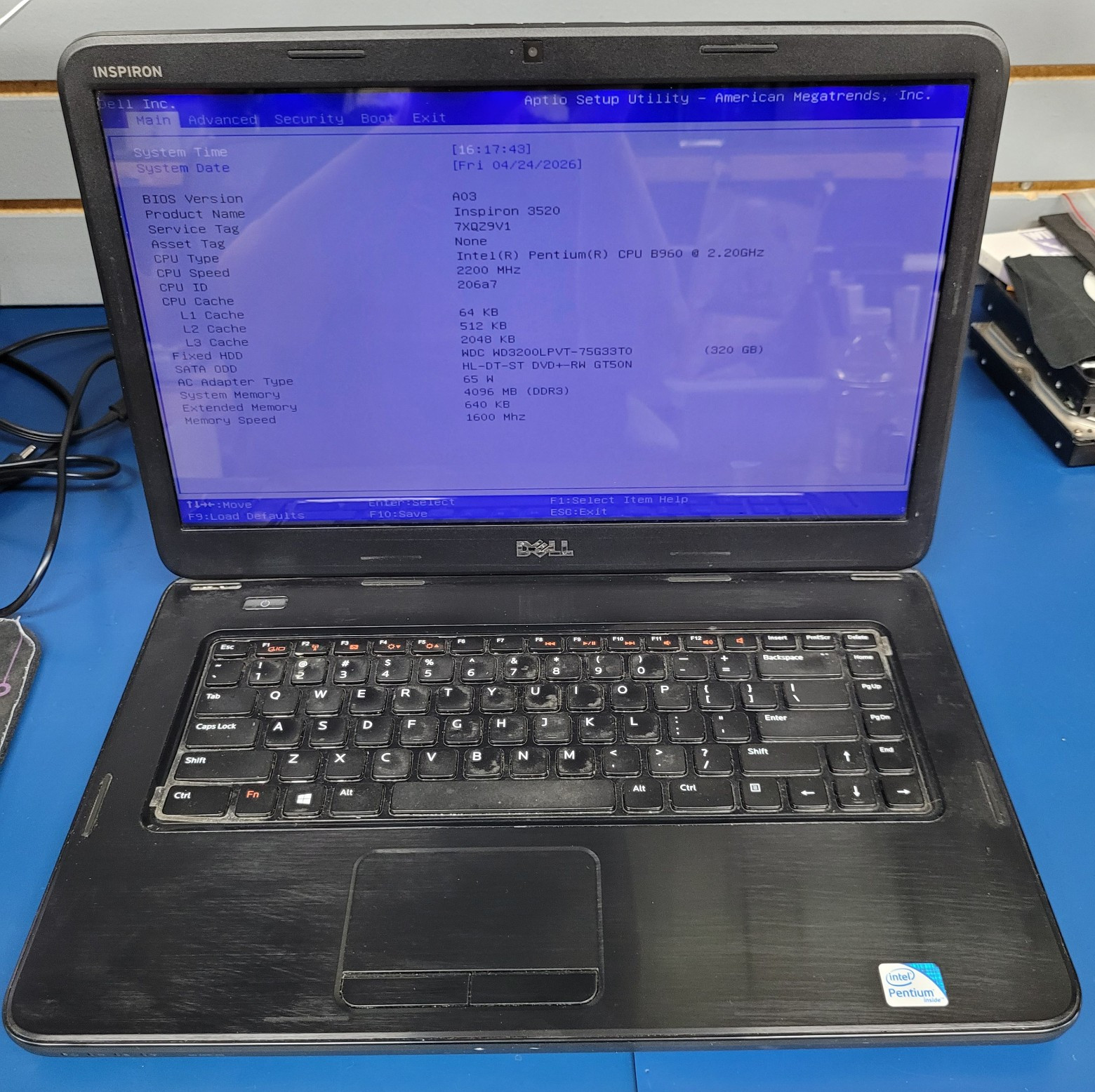 Dell Inspiron 3520 Intel Pentium B960 4GB RAM 320 GB HDD Windows 10 Home