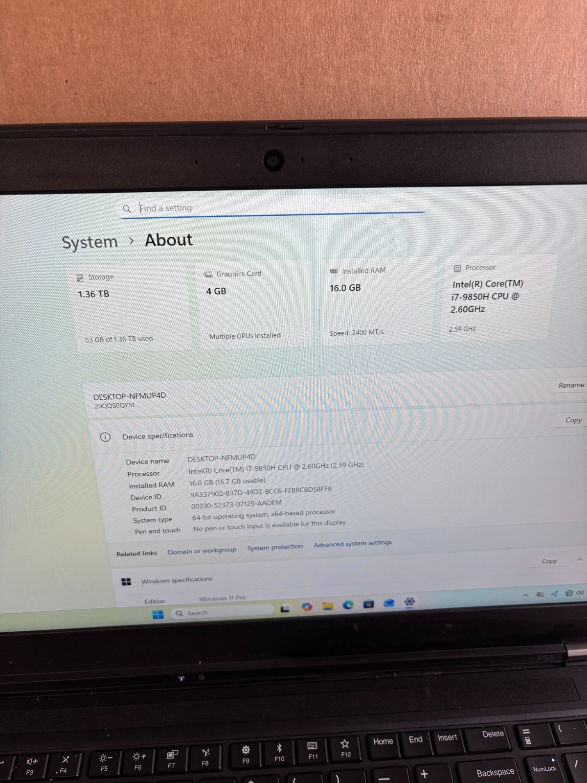 LENOVO THINKPAD P53 i7-9850H 2.6GHZ RAM 16GB SSD 1TB PLUS HDD 500GB NVIDIA T1000