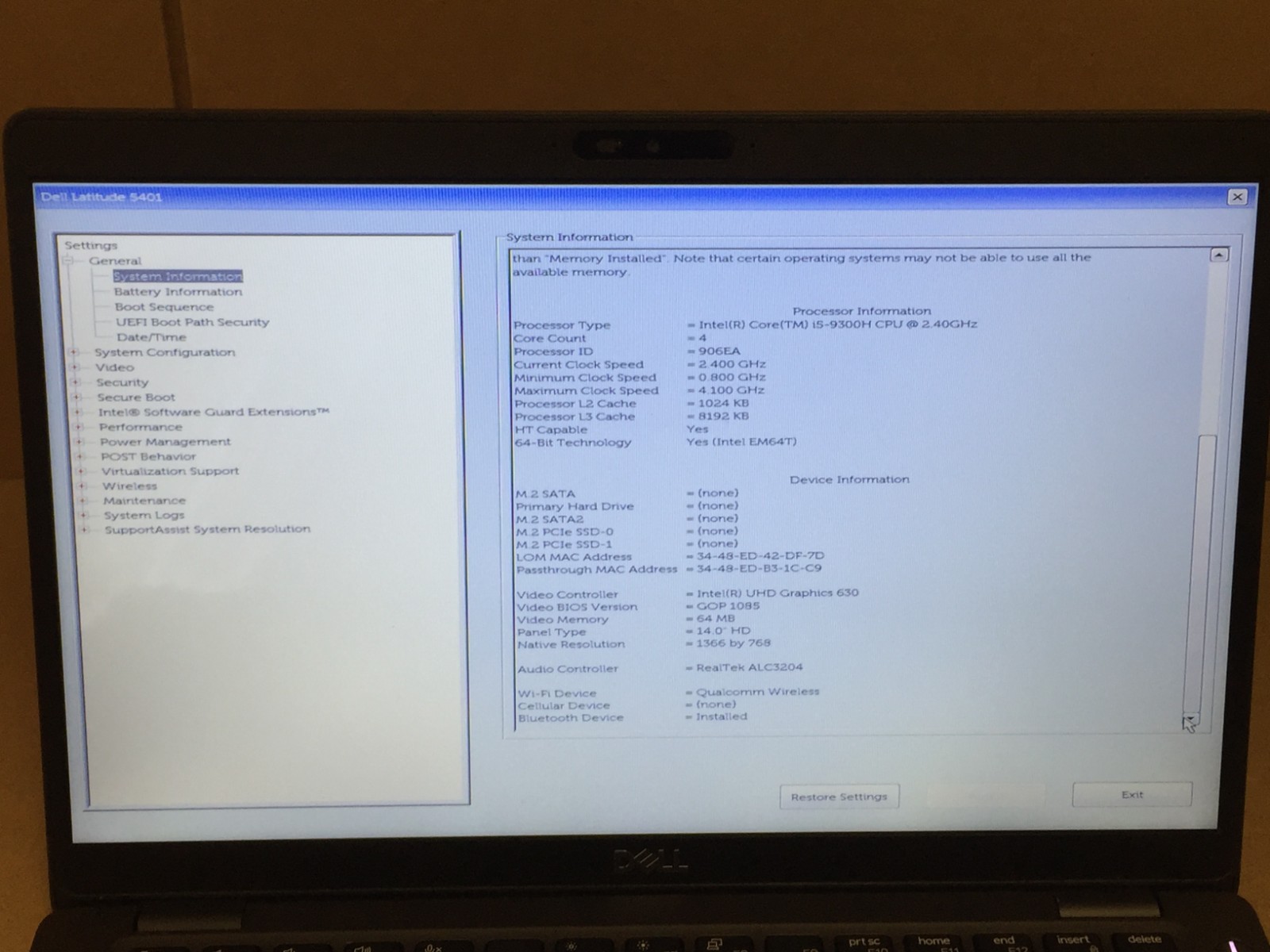 Dell Latitude 5401 14″ Laptop i5-9300H 8GB DDR4 No SSD/AC -READ