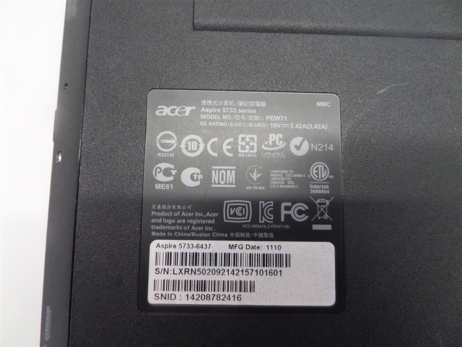 Acer Aspire 5733 PEW71 15.6″ i5-480M 2.67GHz CPU 4GB RAM – No HDD, Bad Batt.