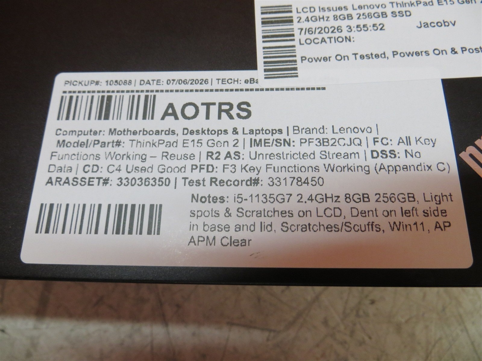 LCD Issues Lenovo ThinkPad E15 Gen 2 Intel i5-1135G7 2.4GHz 8GB 256GB SSD