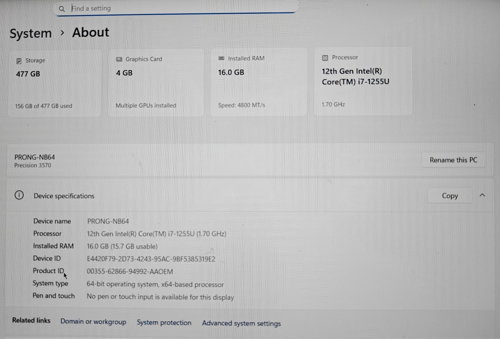 Dell Precision 3570 i7-1255U 16GB RAM 512GB SSD 4GB GPU – Batteria Buona – Ottim