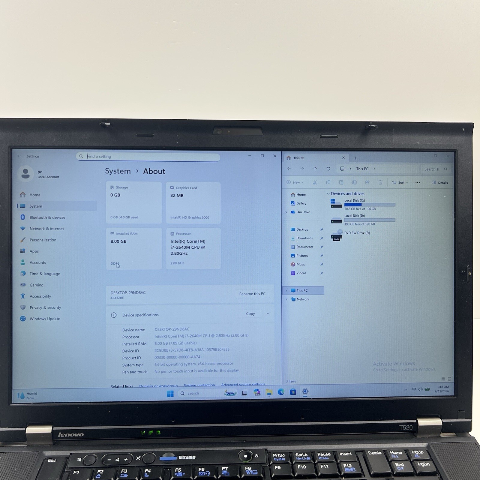 Lenovo ThinkPad T520 Intel i7-2640M 8GB 320GB HDD Win 11 w/ Charger|ELP69, READ