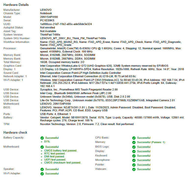 Lenovo ThinkPad T490s, i5-8365U CPU @ 1.60GHz, 16GB RAM-No HDD/OS/Charger