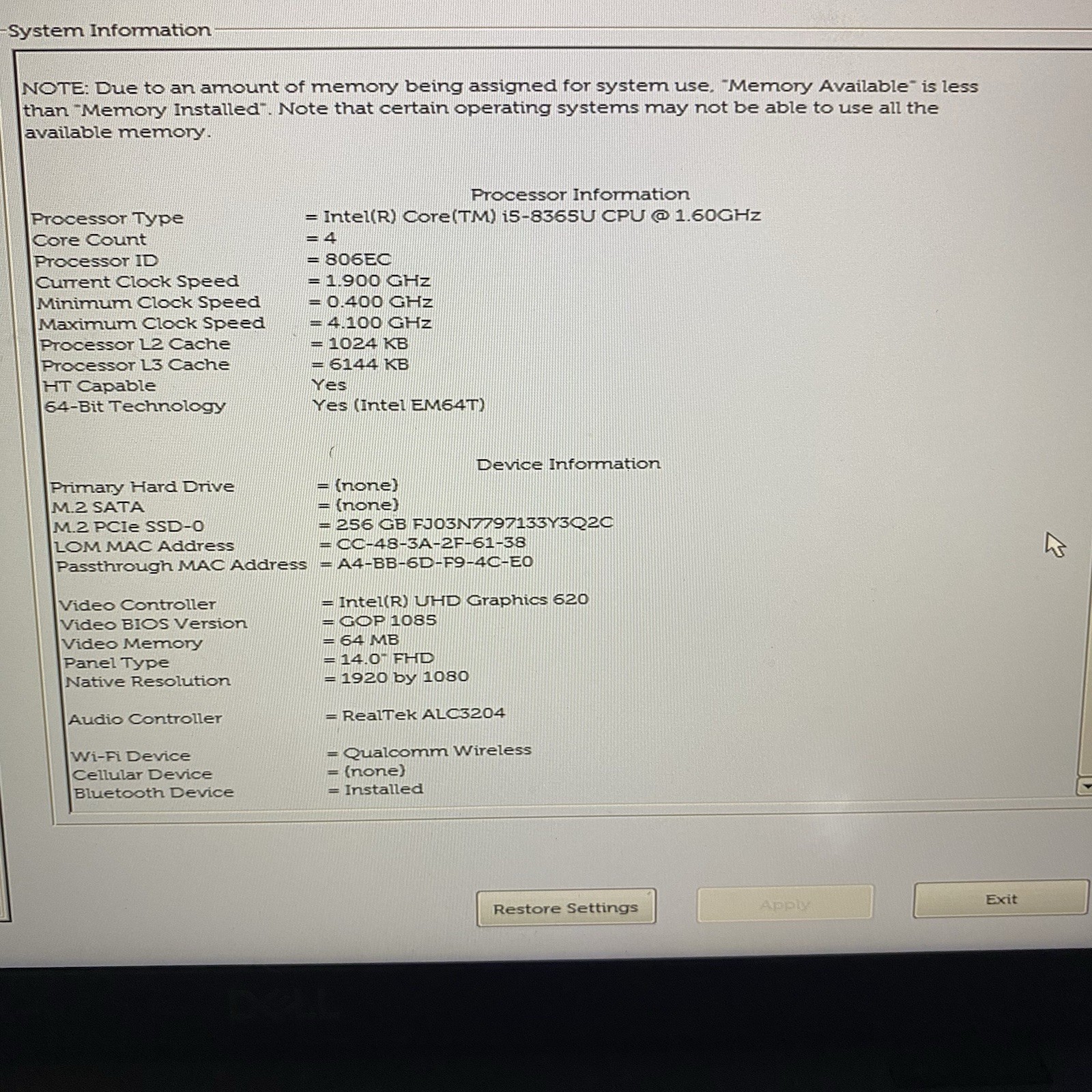 Dell Latitude 5400 Core i5-8365U 1.60GHz 16GB RAM 256GB NVMe SSD Windows 11 Pro