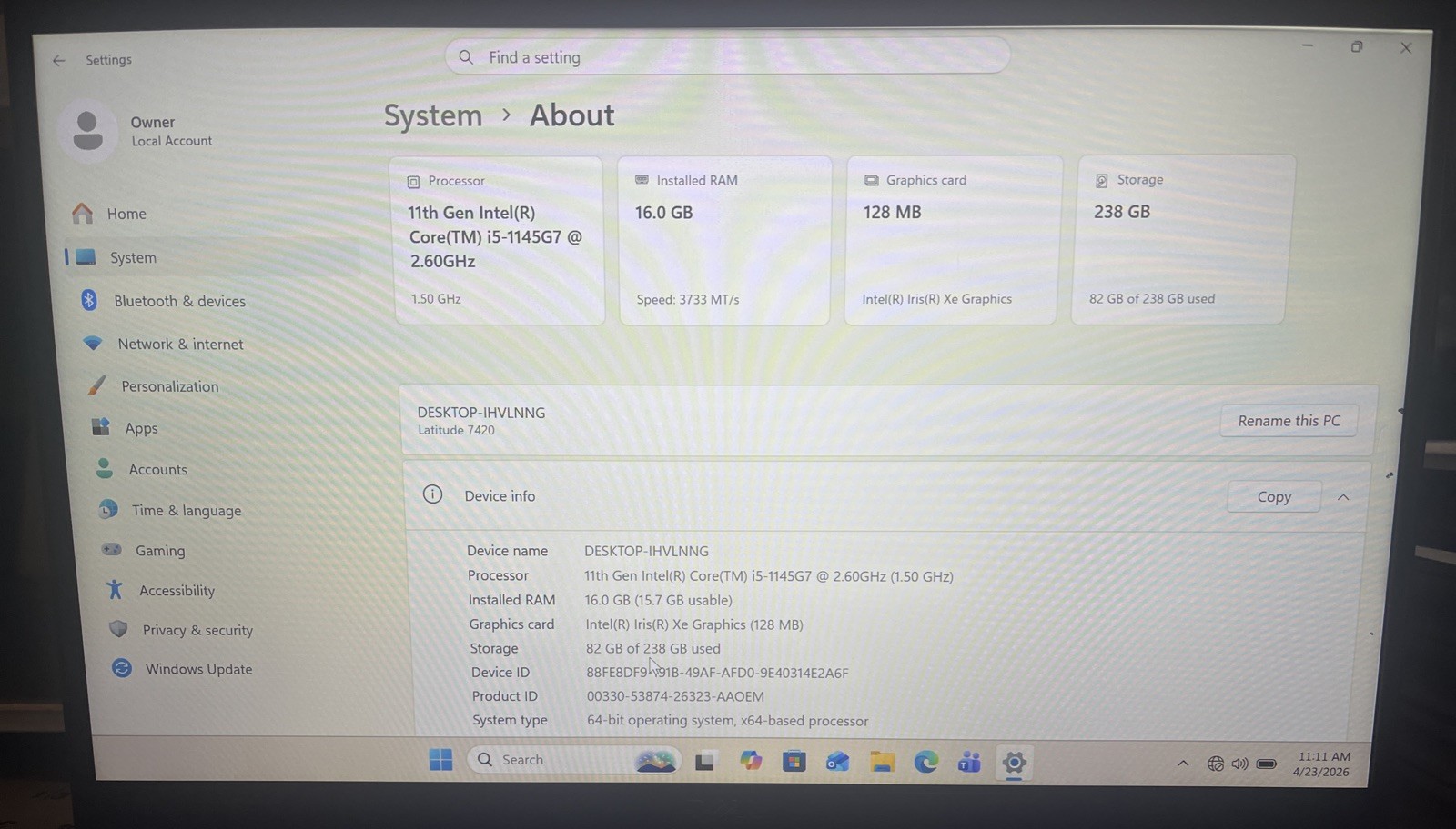 Dell Latitude 7420 14″ i5-1145G7@2.6GHz, 16GB RAM, 256GB M2, Win 11 Pro *READ*