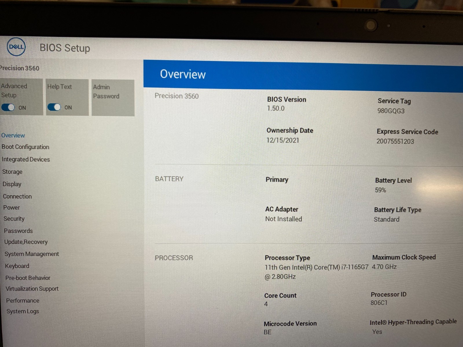 DELL PRECISION 3560 i7-1165G7 16GB RAM 256GB SSD NVIDIA T500 BATTERY 100%(NO AC)