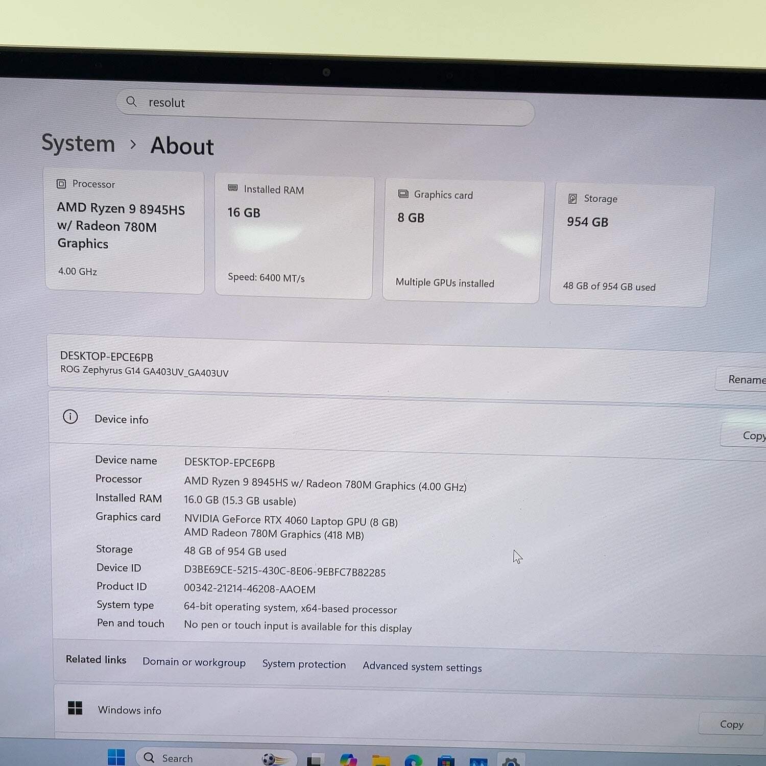 Asus ROG Zephyrus G14 GA403UV Ryzen 9 8945HS 16GB RAM 1TB SSD GeForce RTX 4060