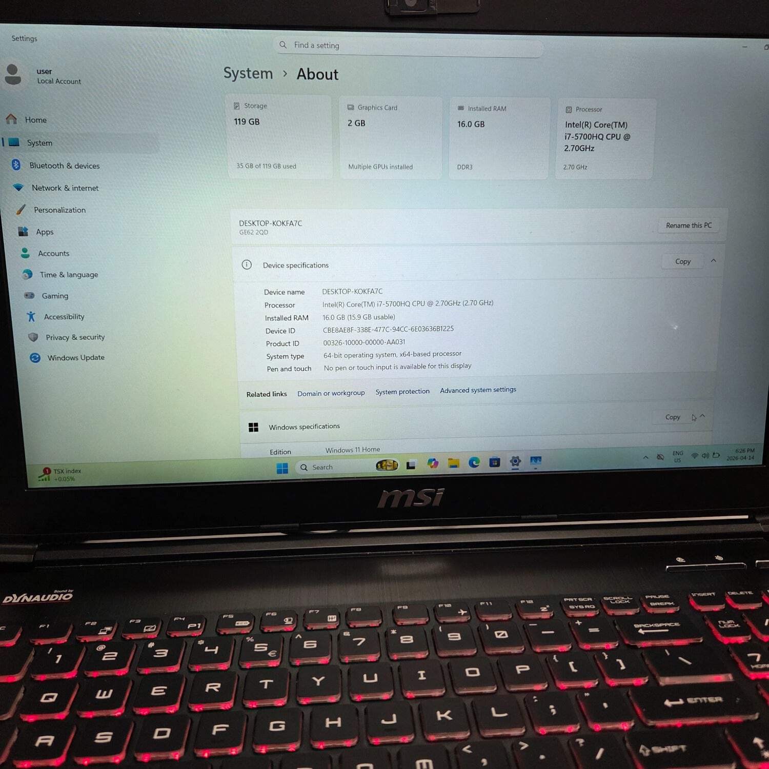 MSI Notebook PC MS-16J2 15.6″ i7-5700HQ 2.7GHz 16GB RAM 128GB SSD GeForce GTX 96