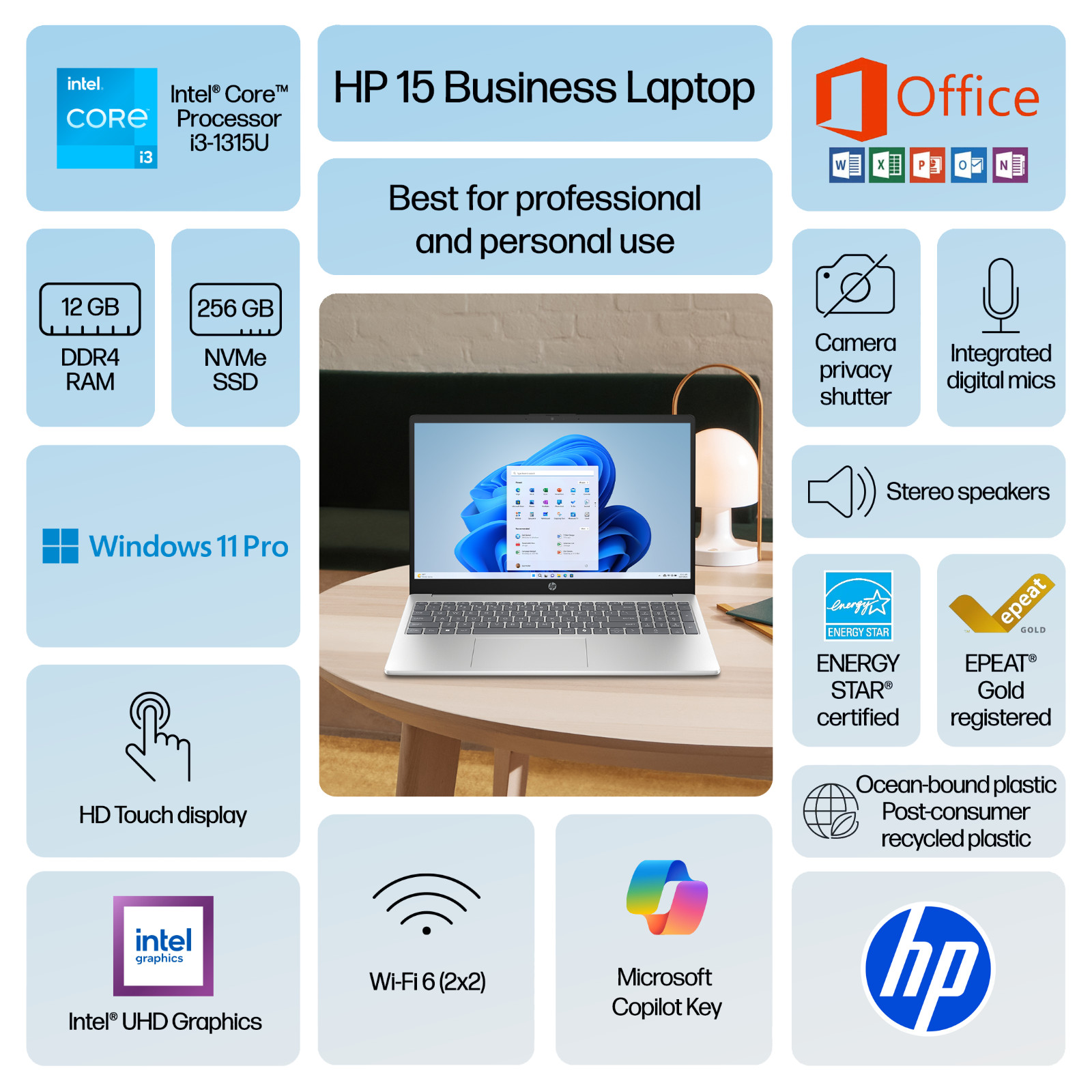 HP 15.6″ Touch Laptop 13th Gen Intel i3, 12GB RAM & 256GB SSD, Office Win 11 Pro