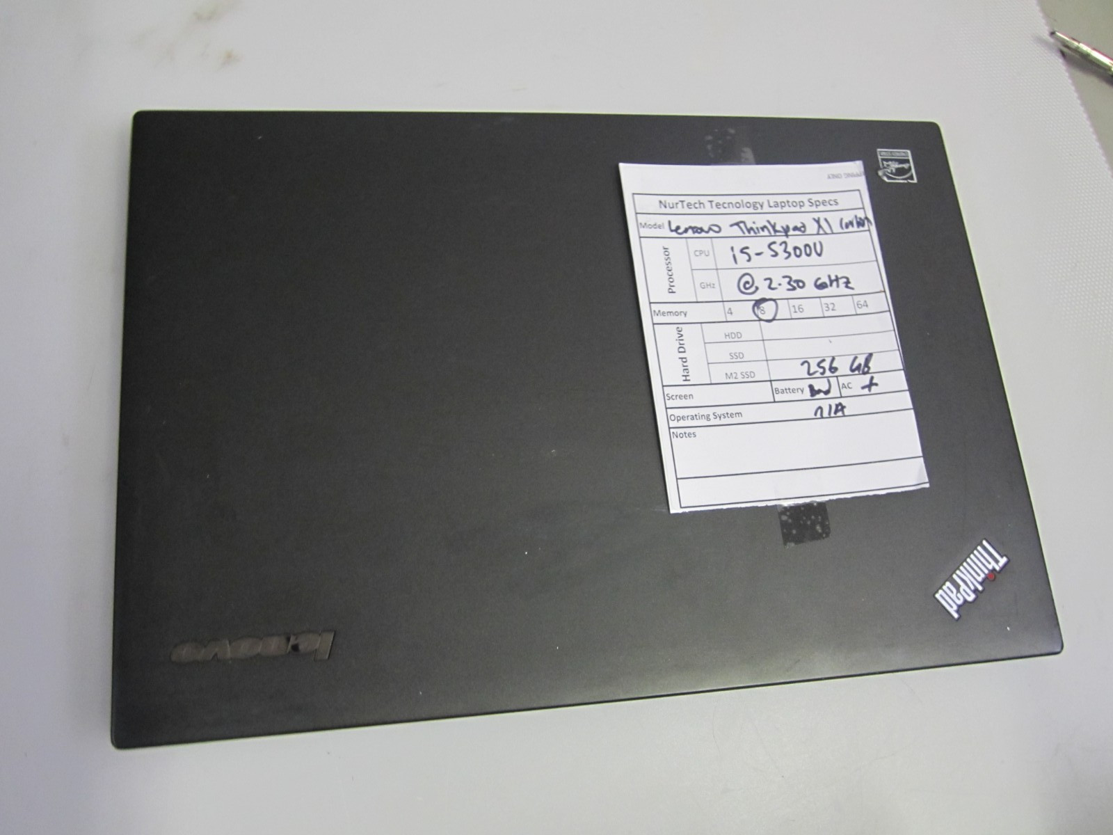 Lenovo ThinkPad X1 Carbon 2.30Ghz i5-5300U 8GB 256GB M2SSD Laptop w/ AC [NO OS]