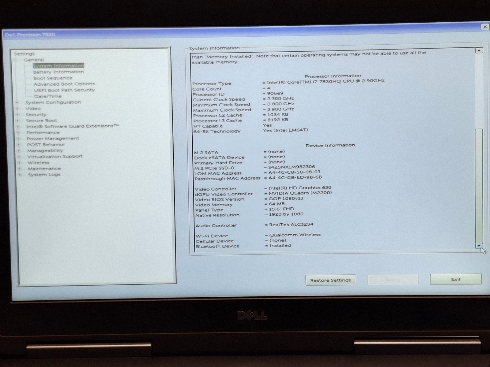 Dell Precision 7520 15.6″ FHD i7-7820HQ 2.90GHz 16GB 256GB SSD Quadro M2200
