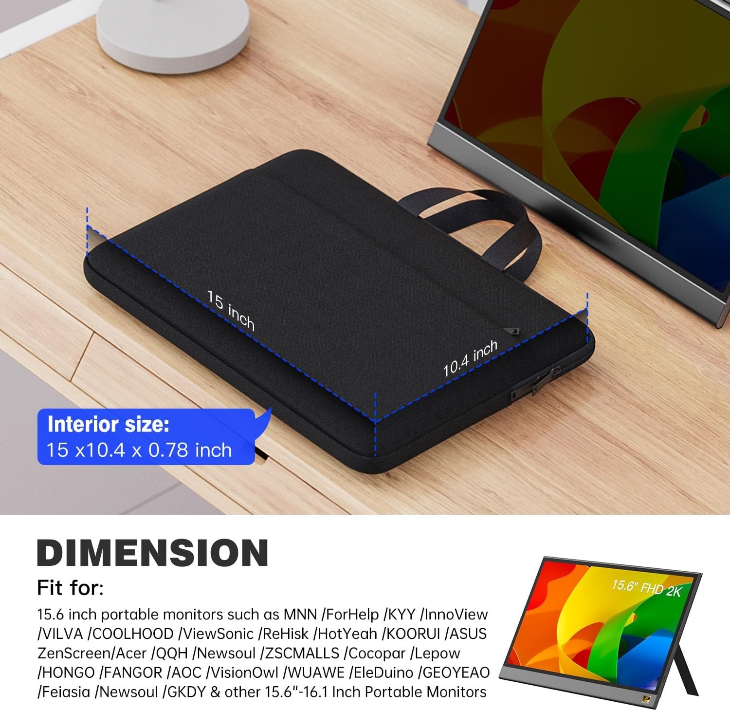 15.6-16.1 Inch Portable Monitor Case Bag, Protective Carrying Sleeve for MNN For